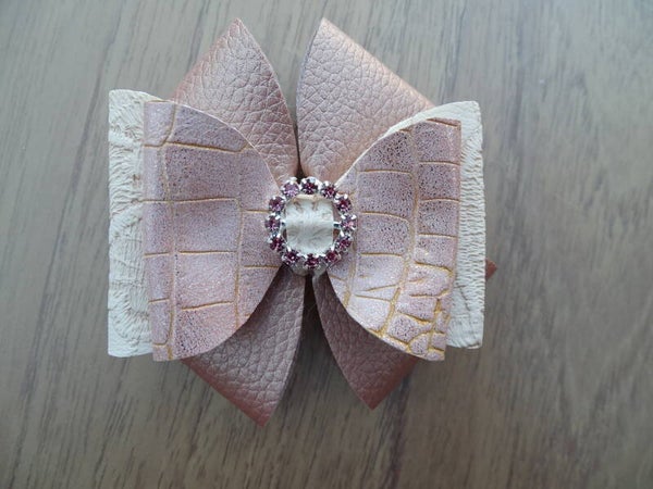 Haarspeld strik zalmroze croco/kant