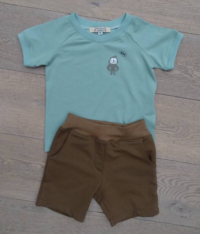 Set short + T-shirt Boo monstertje mintgroen/chocolade