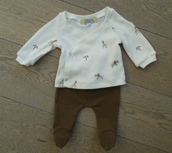 baby setje: ecru rib giraf/bruin