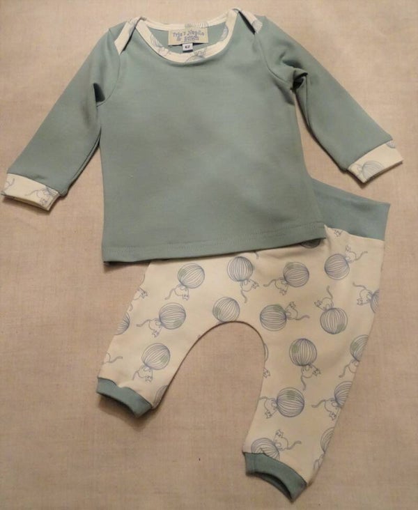 baby setje: mintgroen/ecru poes op garenbol