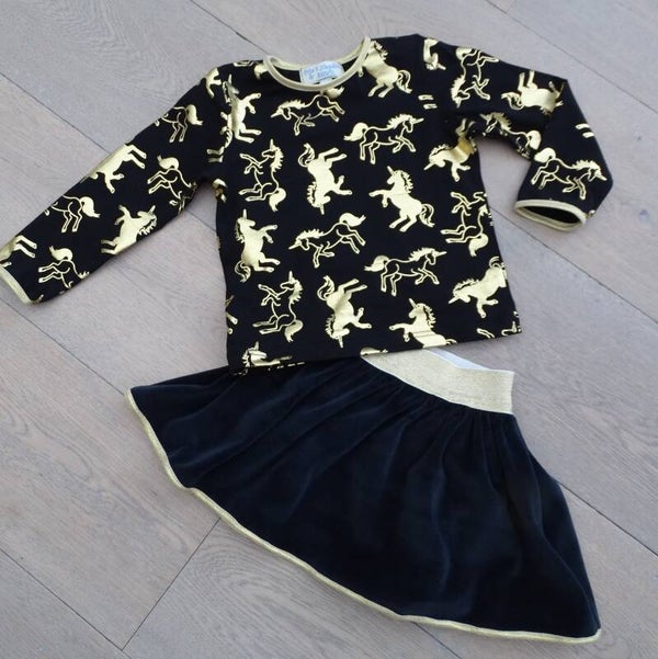 set: rok + longsleeve unicorn goud, zwarte rok
