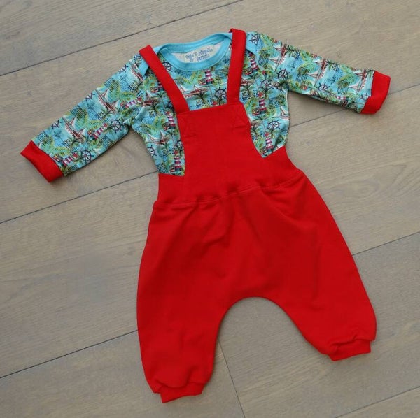 baby setje: marine/salopette rood
