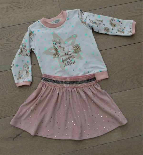 set: sweater + rok unicorn ster wit/roze/bruin
