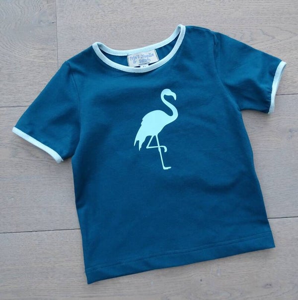 T-shirt petrolblauw, flamingo bedrukking
