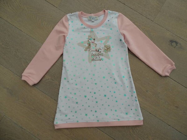 Jurk sweaterstof unicorn ster wit/ roze