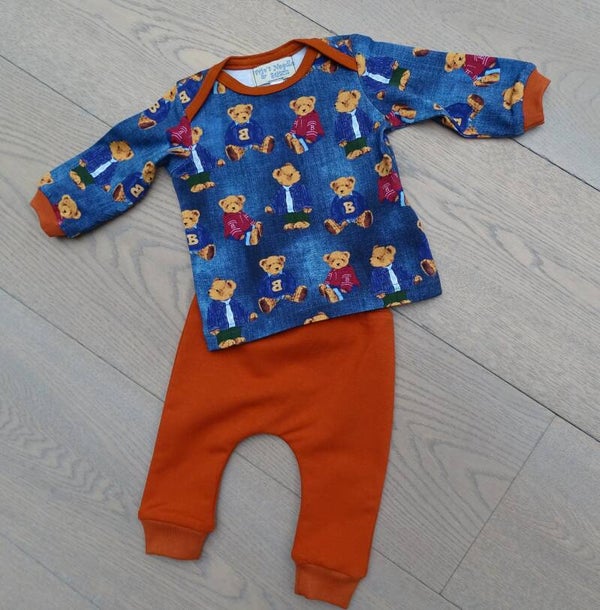 baby setje: beertjes jeansblauw/brique