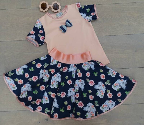 set: rok + T-shirt, donkerblauw wit rozenpaard