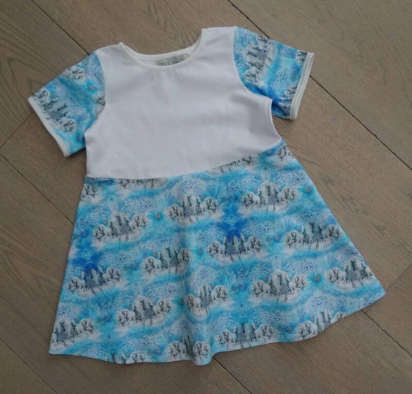 Jurk baby paarden blauw/wit, korte of lange mouw