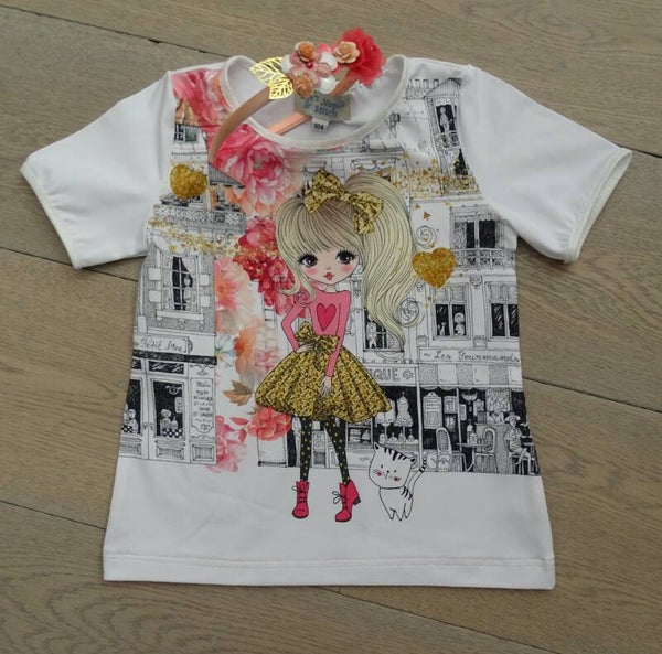 T-shirt wit, meisje stad bloemen