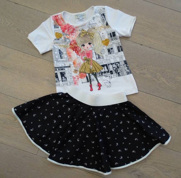 set: rok + T-shirt, meisje stad wit bloemen