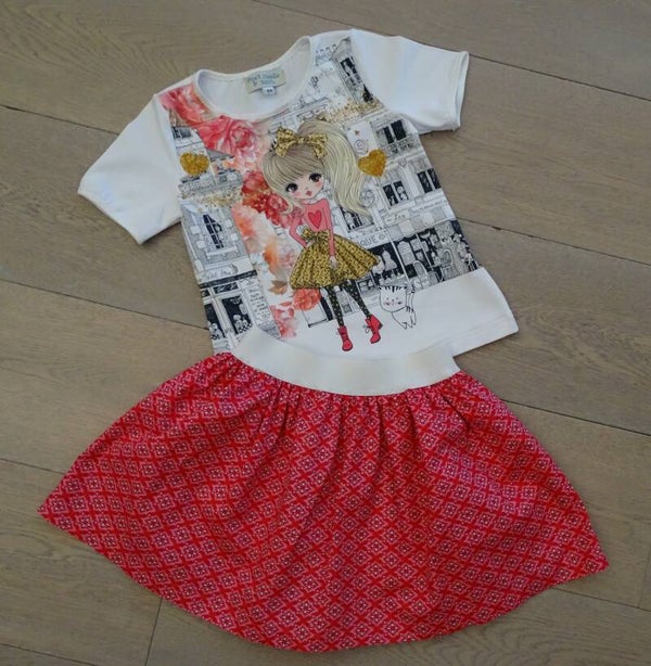 set: rok + T-shirt, meisje stad wit bloemen