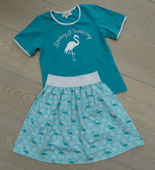 set: rok + T-shirt, flamingo petrolblauw stock