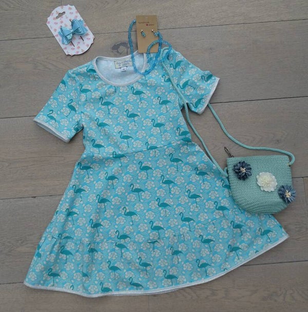 Jurk turquoise blauw flamingo , korte mouw