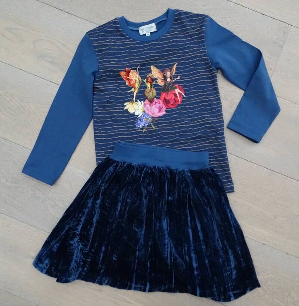 set: rok kreukfluweel + longsleeve elfjes op bloemen
