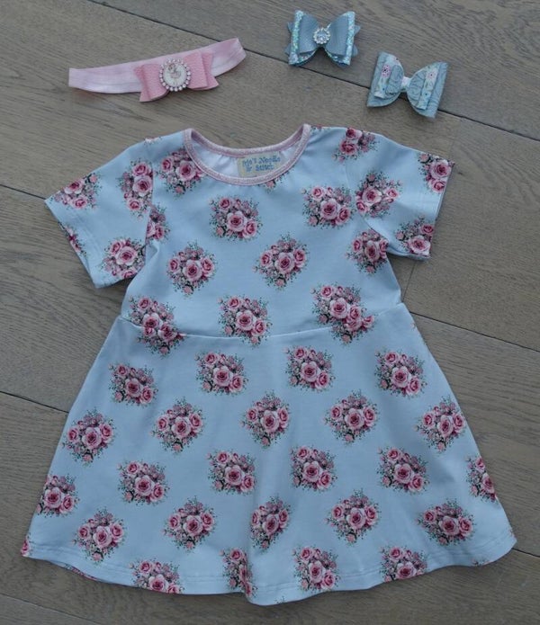 Jurk baby rozentros blauw, korte mouw of lange mouw