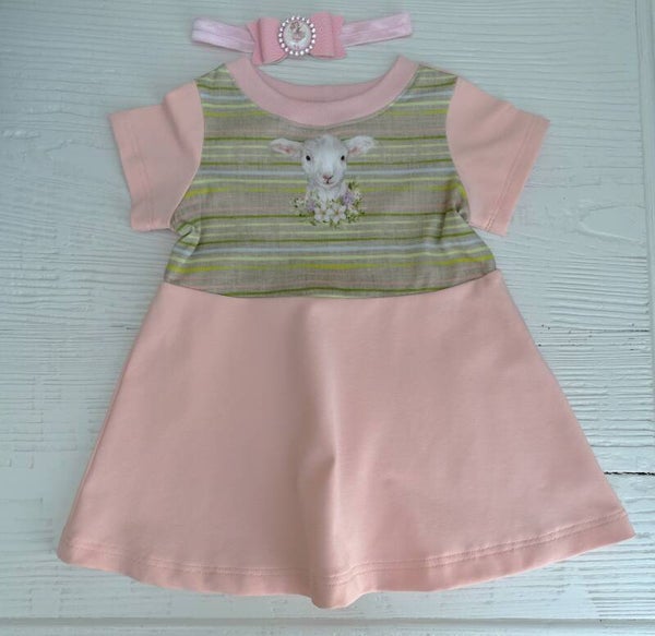 Jurk baby beige/roze schaapje, korte of lange mouw