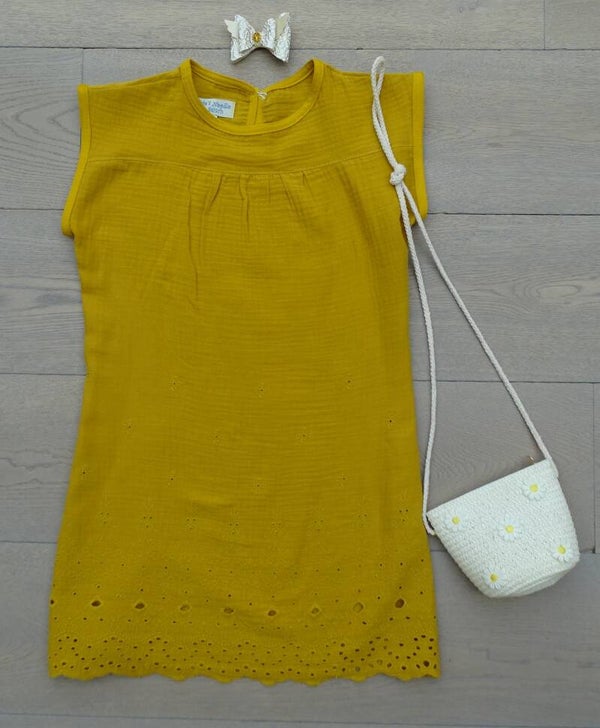 Jurk oker gauze broderie zonder mouw