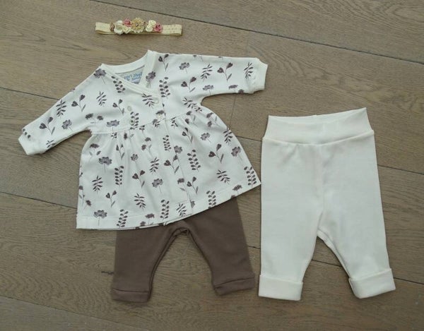 baby setje: jurkje ecru/taupe blaadjes