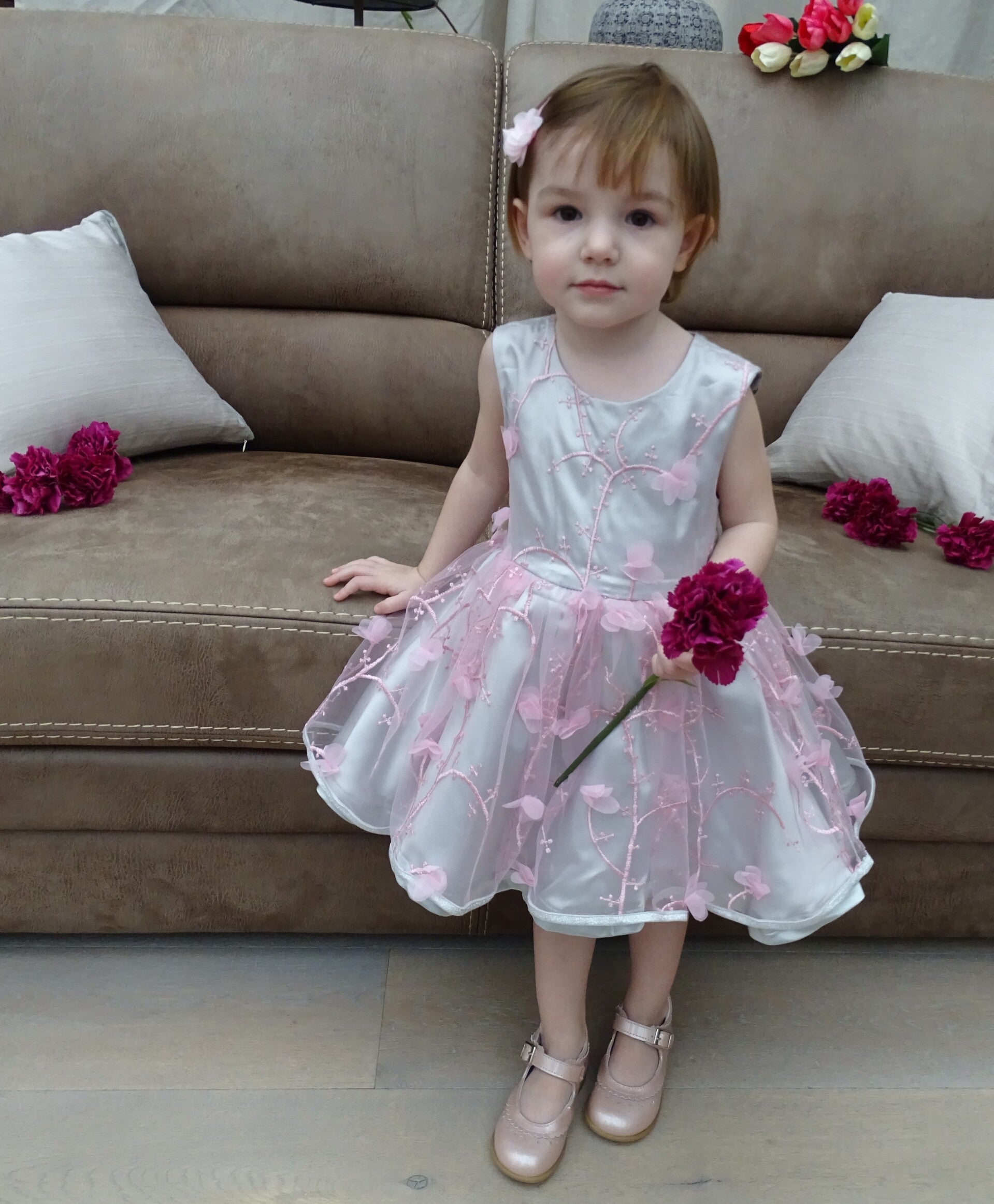 Feestelijke jurk m92 grijs satijn, roze 3D-tule