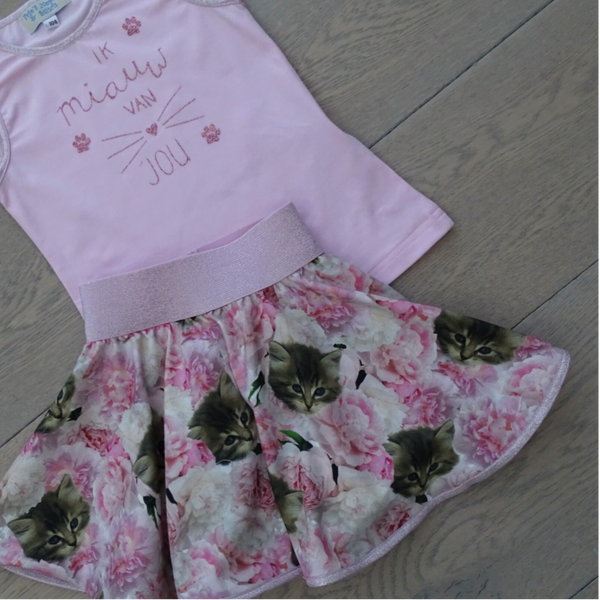 set: rok + T-shirt, ik miauw rozen poes