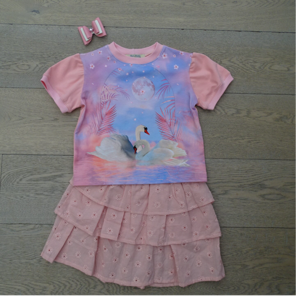 set: T-shirt roze 2 zwanen maan + strokenrok zalmroze broderie
