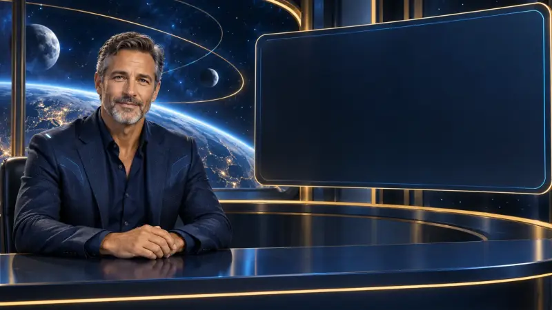 Illustrated digital presenter at the Omega science news desk