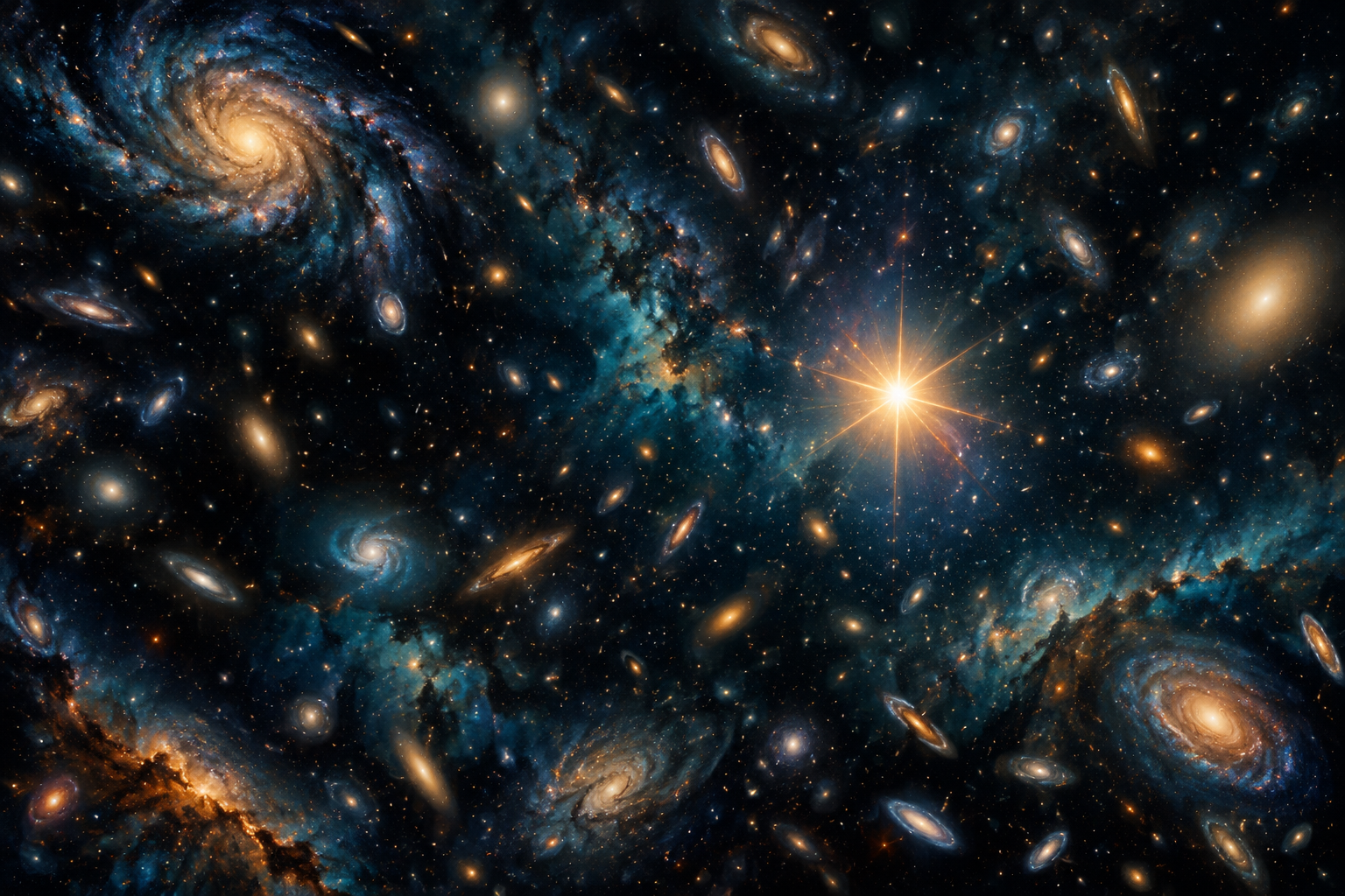 Conceptual galaxy field with a bright supernova among distant galaxies