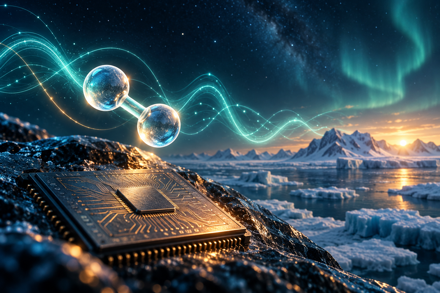 AI-generated conceptual illustration: a glowing molecular form and signal waves over a microchip and Arctic landscape; not a research photograph.