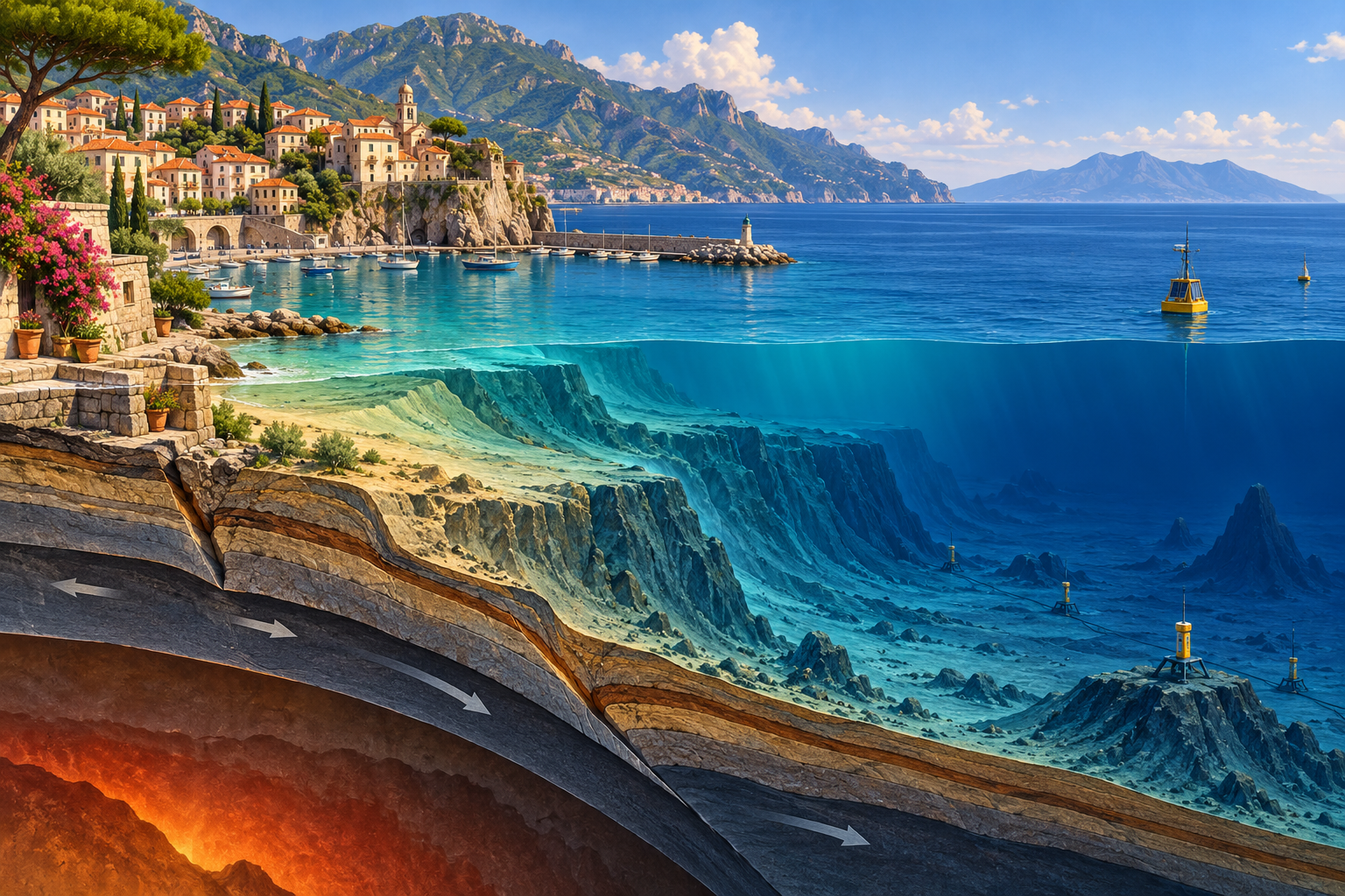 Conceptual Mediterranean coastline with an imagined underwater geological cutaway