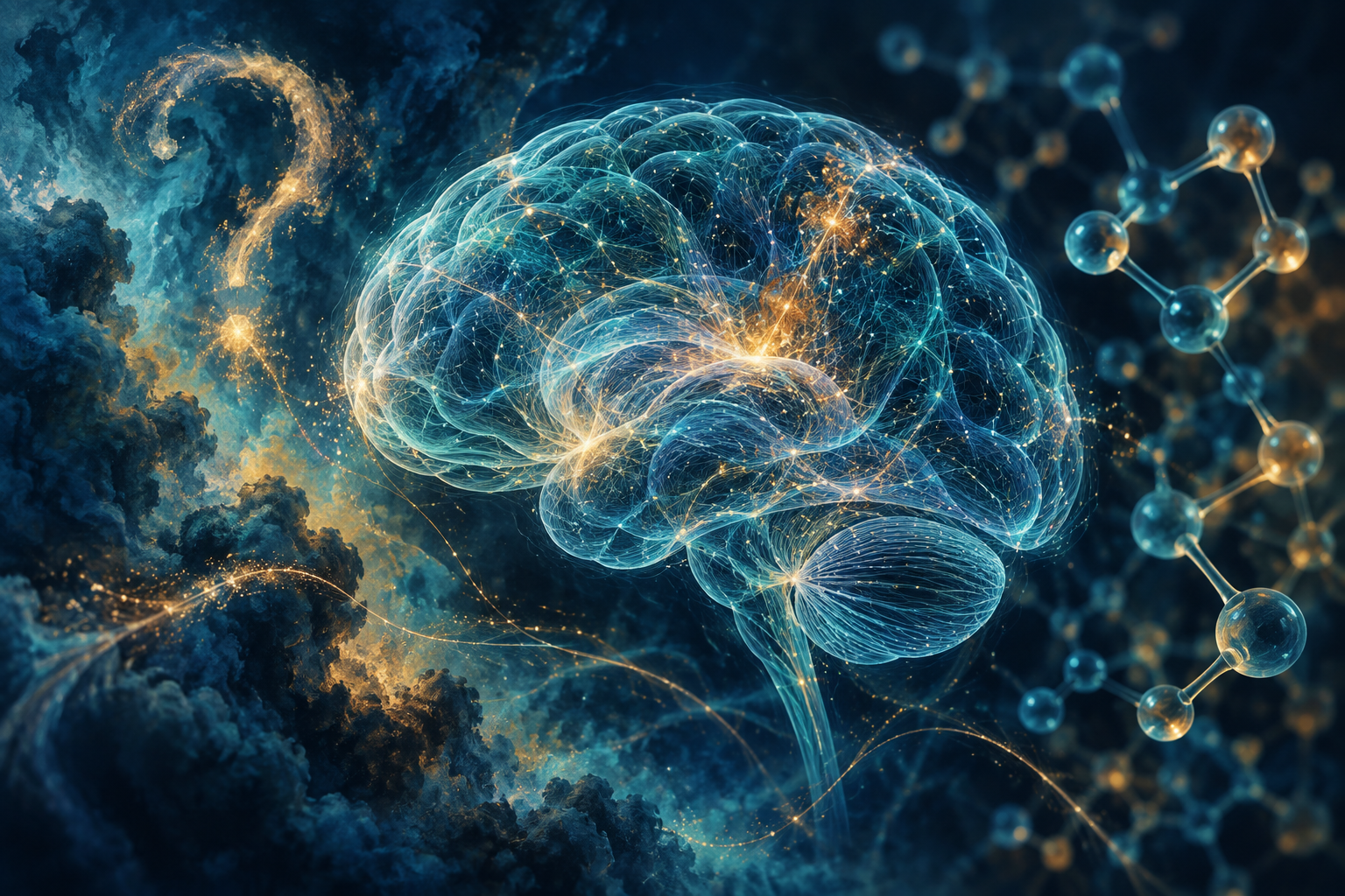 Conceptual luminous brain and molecular motifs with a question mark