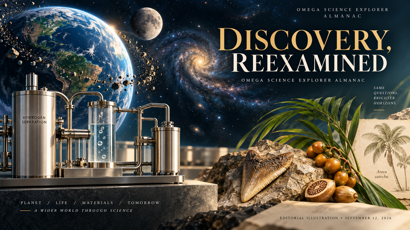 AI-generated editorial collage: Earth and Moon, a galaxy, conceptual laboratory equipment, botanical and fossil motifs.