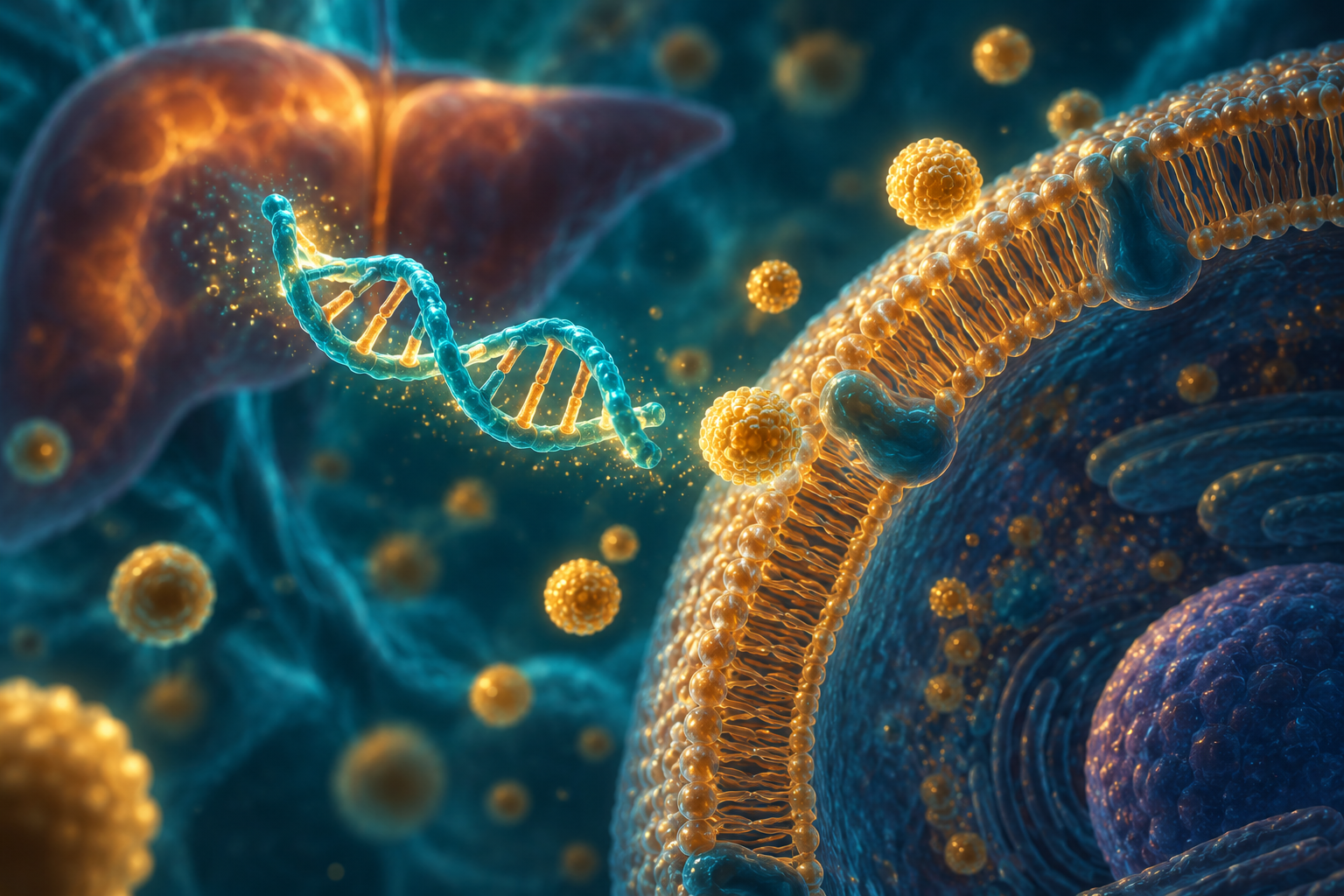 Conceptual DNA strand near a cell membrane and stylized liver