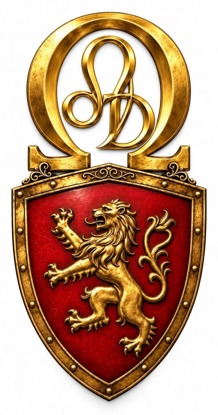 Omega Science lion crest — a gold Omega and Leo monogram above a gold rampant lion on a red shield
