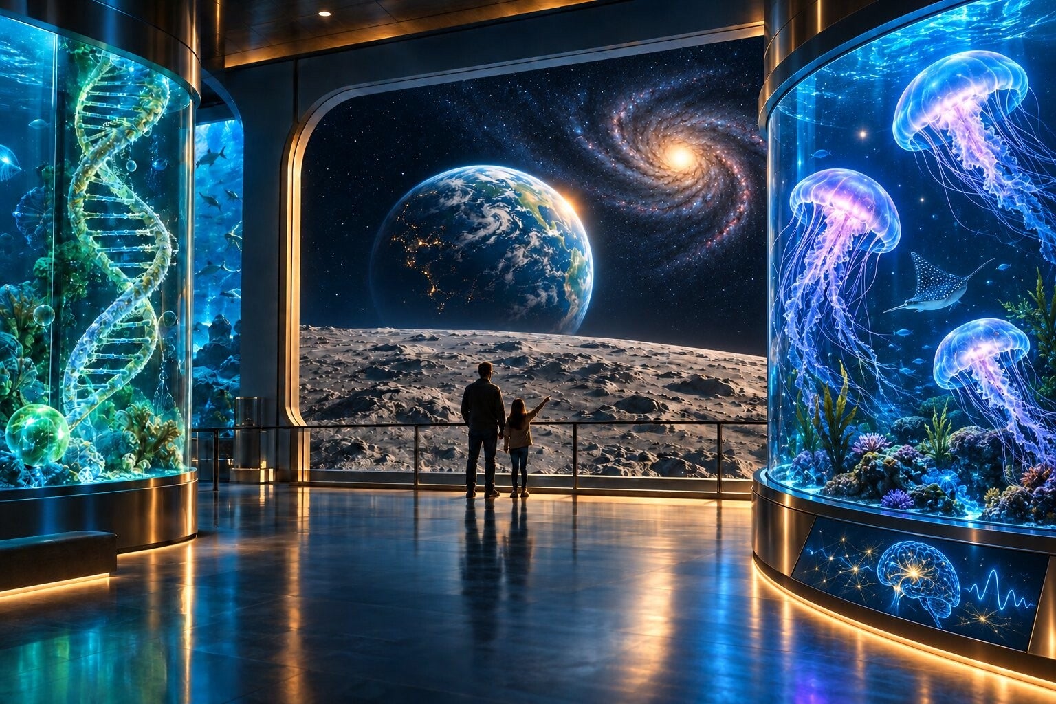 Inside the grand hall of the Omega Science Museum — a glowing DNA helix in a glass tank on the left, luminous jellyfish drifting in a curved tank on the right, and Earth and a spiral galaxy seen through a vast window above the surface of the moon, where a man and a young girl stand looking out