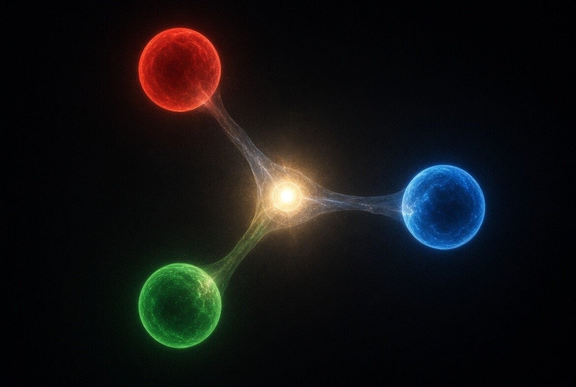 A molecule diagram — red, green, and blue spheres bonded to a glowing center