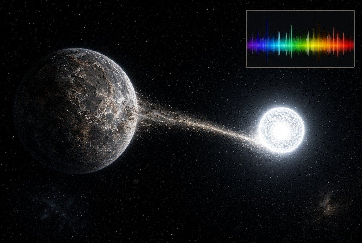 A white dwarf star pulling a rocky planet apart into a stream of debris, with a rainbow spectrum inset showing what the material is made of