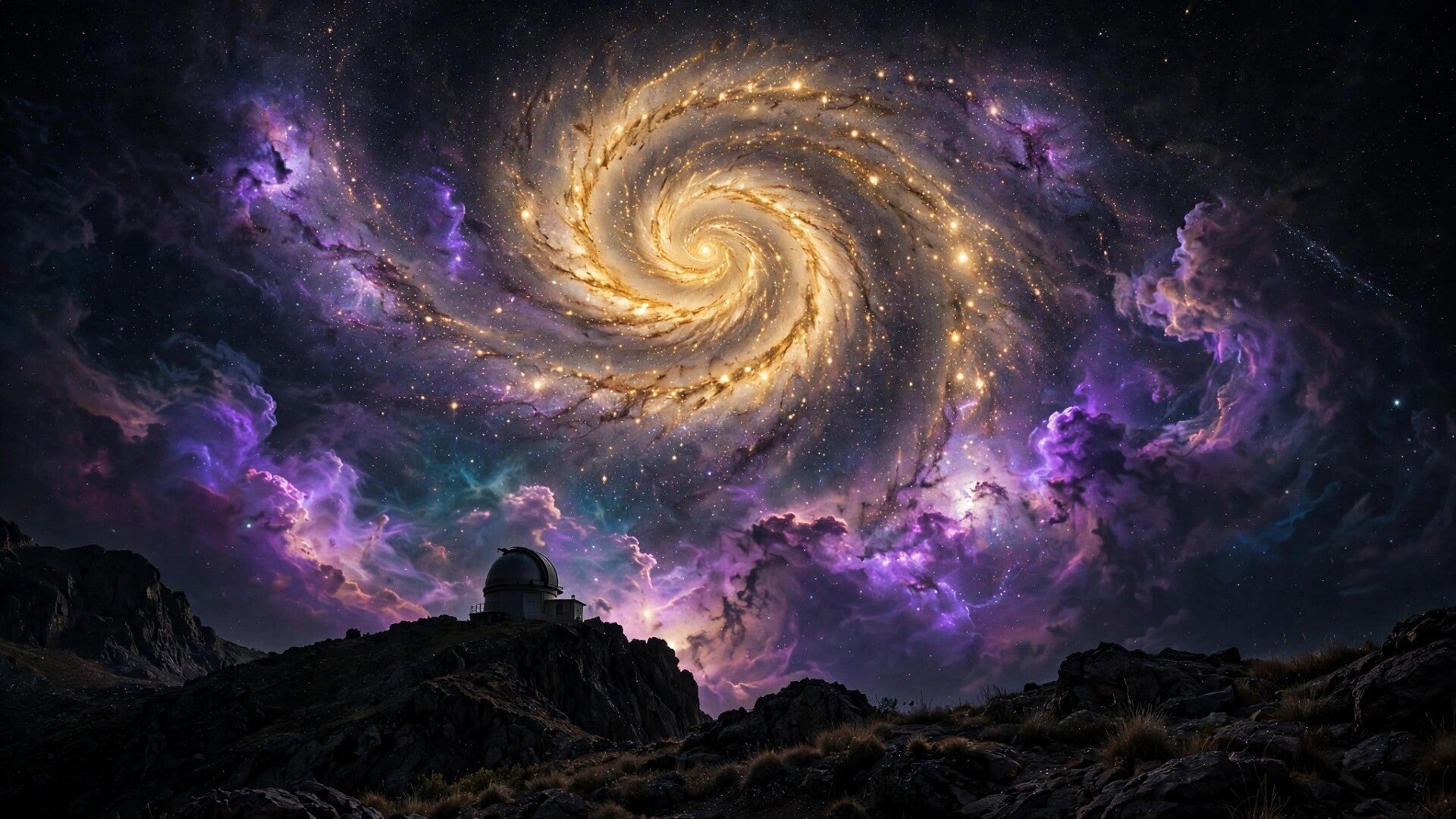 A spiral galaxy in purple and gold filling the night sky above a small mountaintop observatory dome