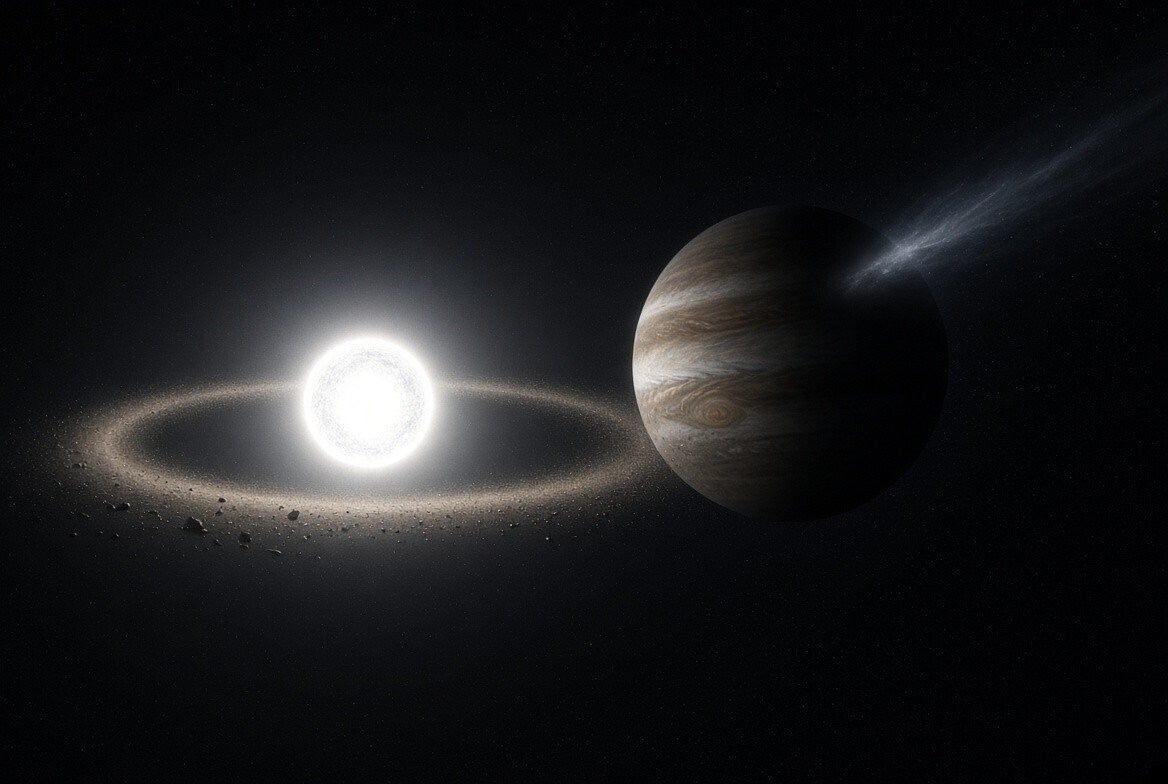 A bright white dwarf star ringed by a disk of dust and debris, with a Jupiter-like gas giant planet surviving beside it