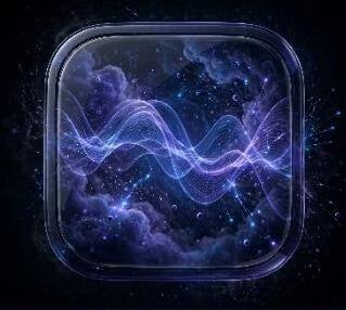 A glowing purple quantum wave rippling across a starry field inside a rounded frame