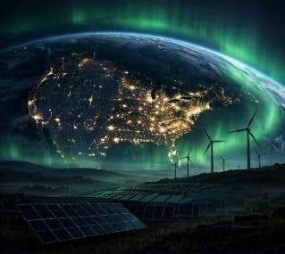 Earth at night from space, city lights glowing under a green aurora, with solar panels and wind turbines in the foreground