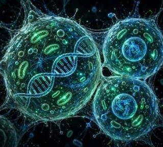 Glowing green microscopic cells with a DNA double helix winding through them