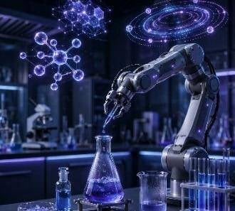 A robot arm at work in a laboratory, pipetting into a flask among beakers, floating molecules, and a holographic display