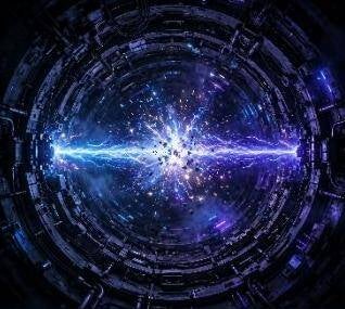 A particle accelerator ring — a circular collider tunnel with a blue-purple energy beam bursting through its center