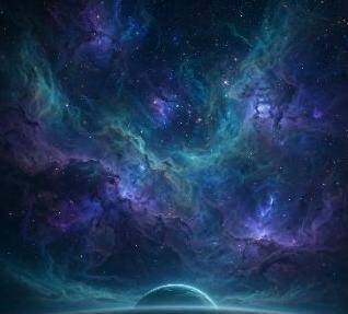 A purple and green nebula full of stars above the curved horizon of a planet