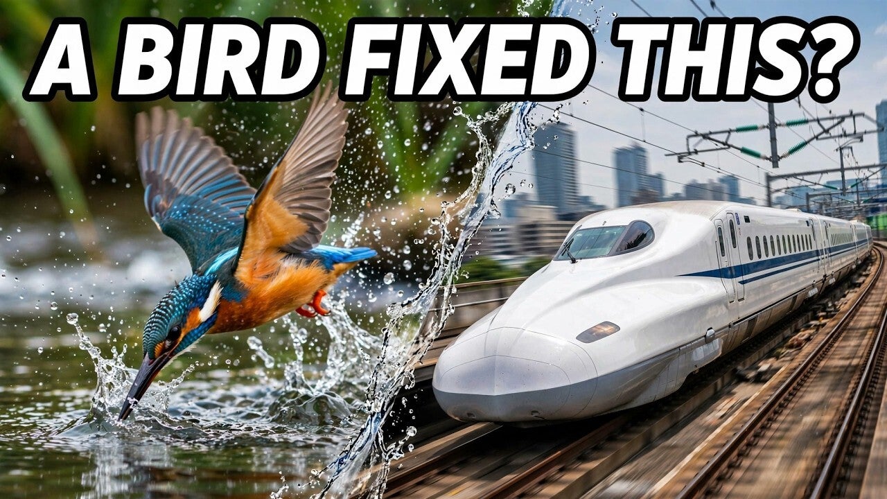 Thumbnail for The Kingfisher and The Bullet Train — a kingfisher diving into water beside a bullet train