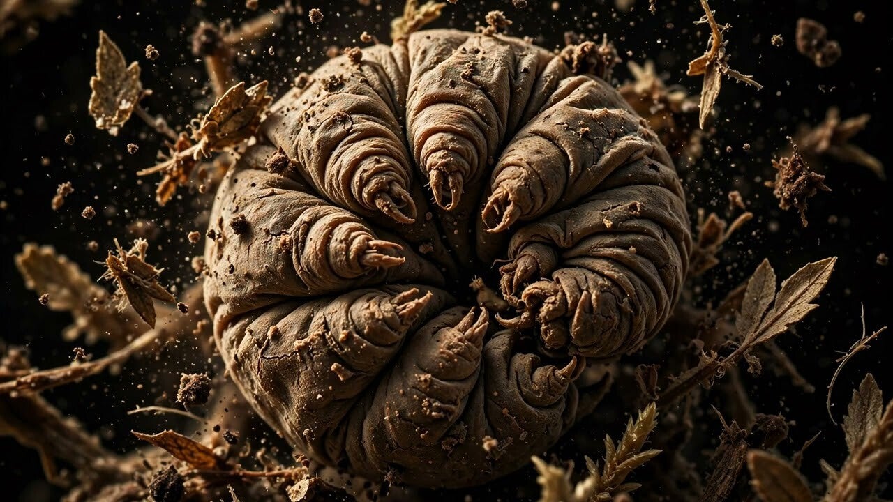 Thumbnail for Episode 3, Tardigrade — a tardigrade curled in its dried survival state among dead leaves