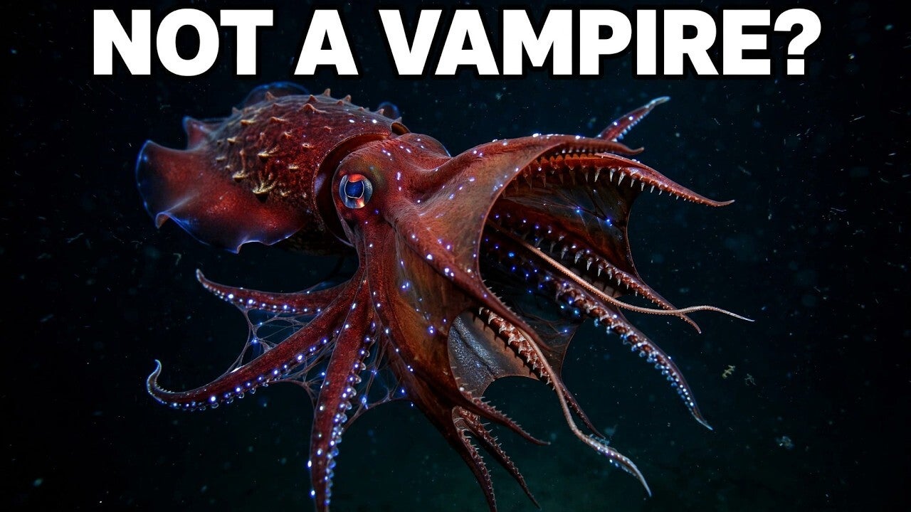 Thumbnail for Episode 4, Vampire Squid — a red vampire squid with glowing blue spots drifting in the dark ocean