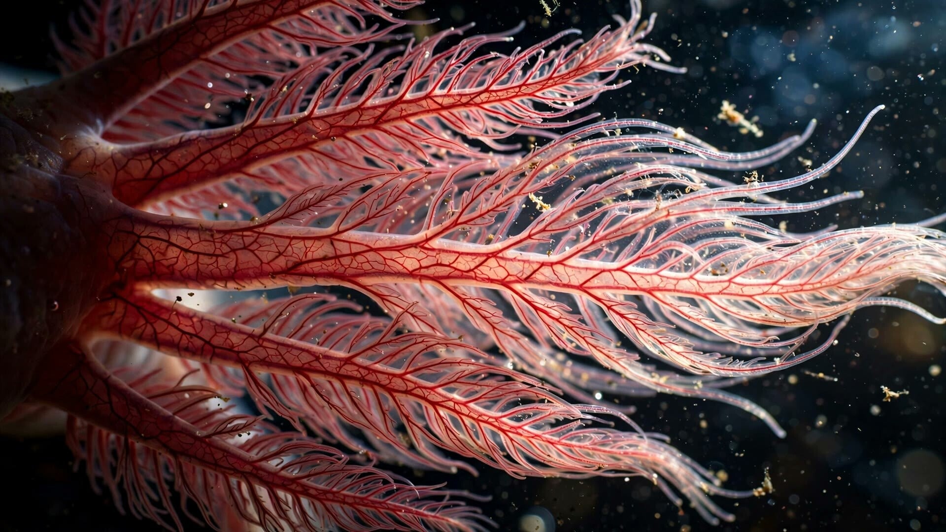 Frame from Episode 5, Axolotl — an extreme close-up of the axolotl's feathery red external gills, veined like tiny ferns