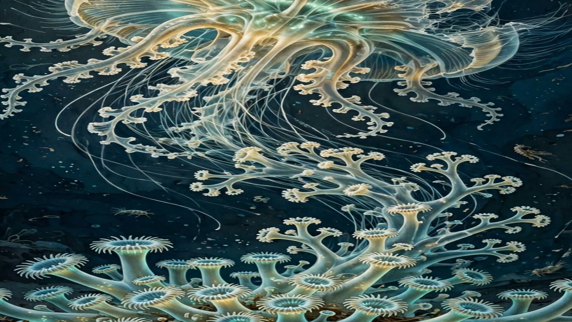 Frame from Episode 6, Immortal Jellyfish — a glowing jellyfish drifting above living coral polyps