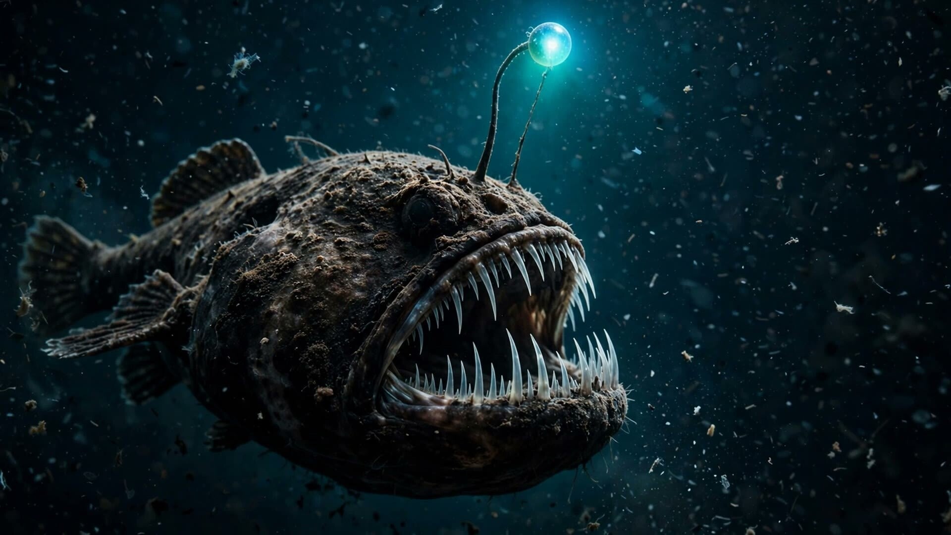 Frame from Episode 8, Anglerfish — an anglerfish in the black deep sea, its glowing lure shining above rows of huge teeth